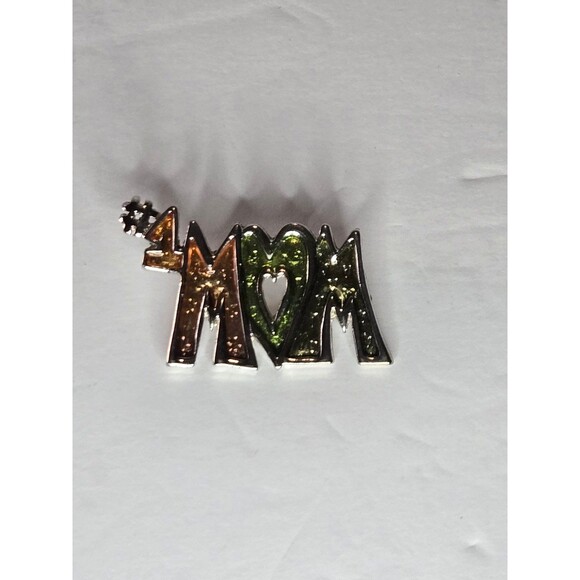 #1 Mom Pin Brooch Silver Tone Green Orange Sparkly - Picture 1 of 5